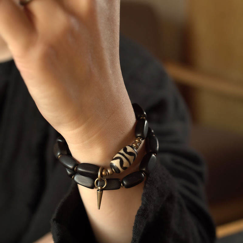Ebony Wood Double Wrap Bracelet with Dzi Beads for Balance