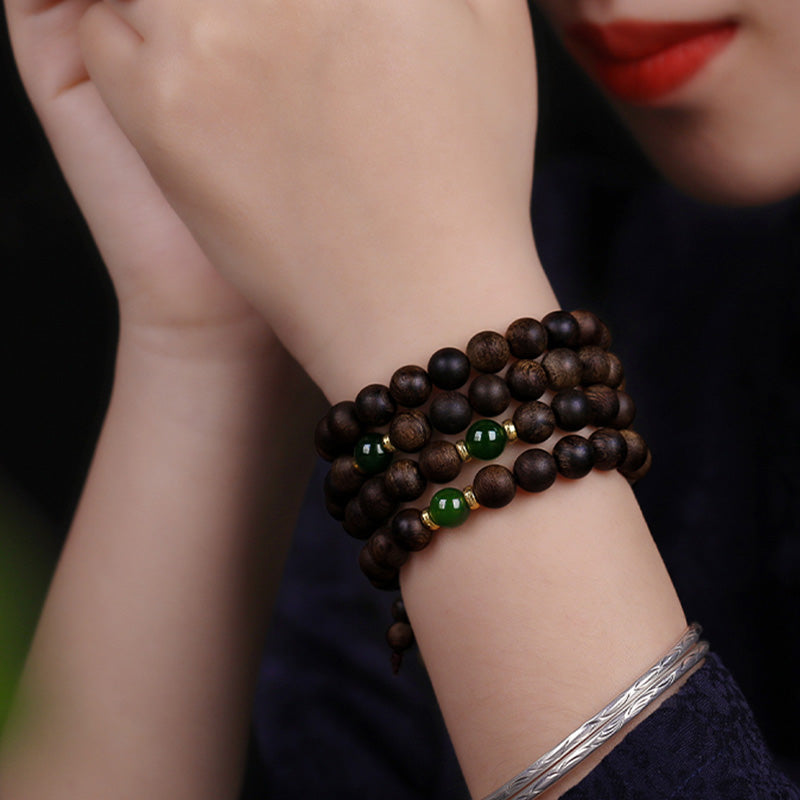 108 Beads Agarwood Cyan Jade Wood Mala Bracelet for Protection
