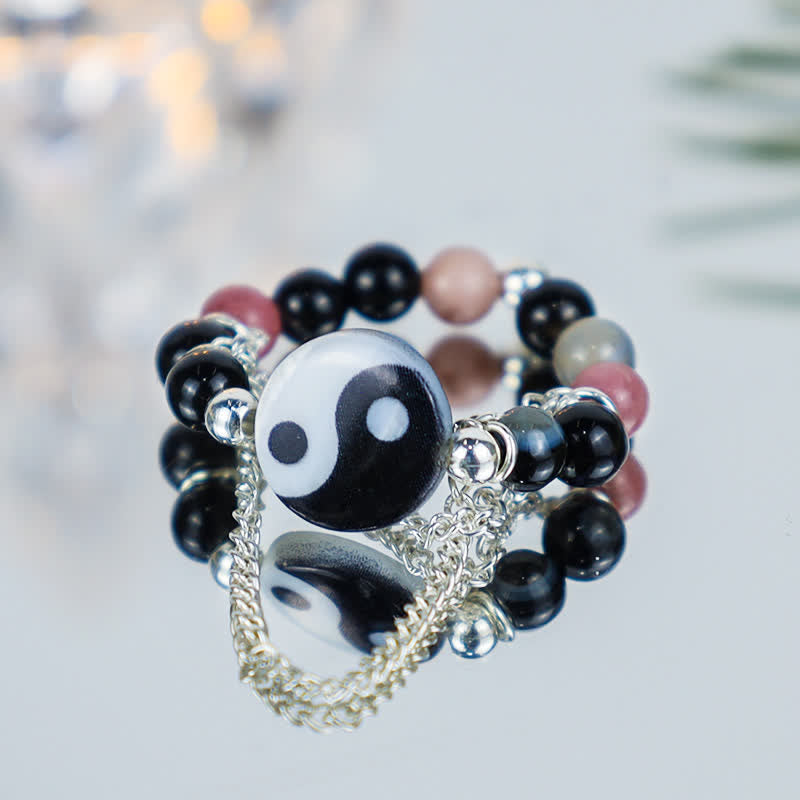 Adjustable Agate Yin Yang Symbol Balance Luck Ring