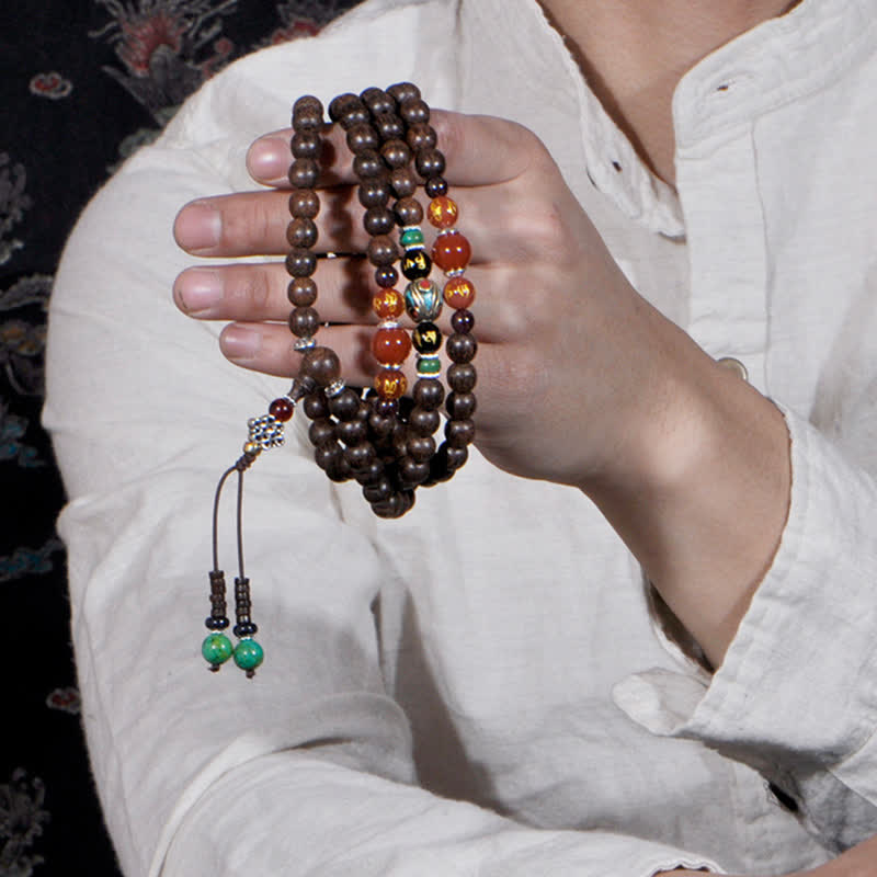 108 Wood Mala Bracelet with Agarwood & Red Agate for Peace & Strength