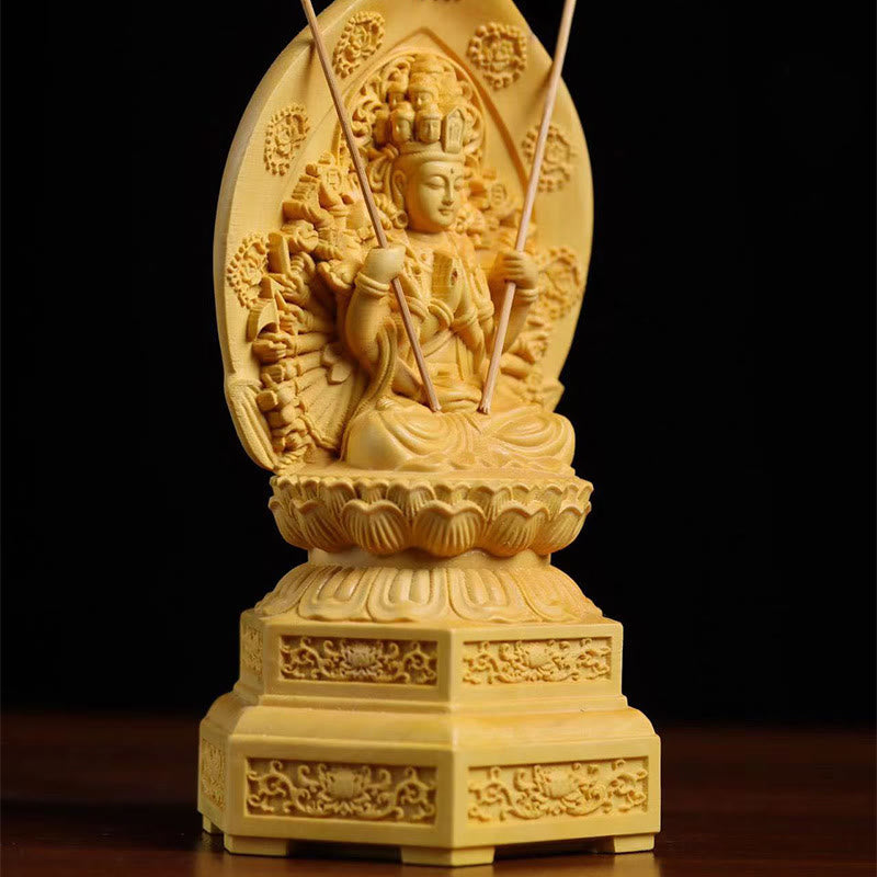 Handmade Boxwood Kwan Yin Statue 20cm Avalokitesvara Sculpture