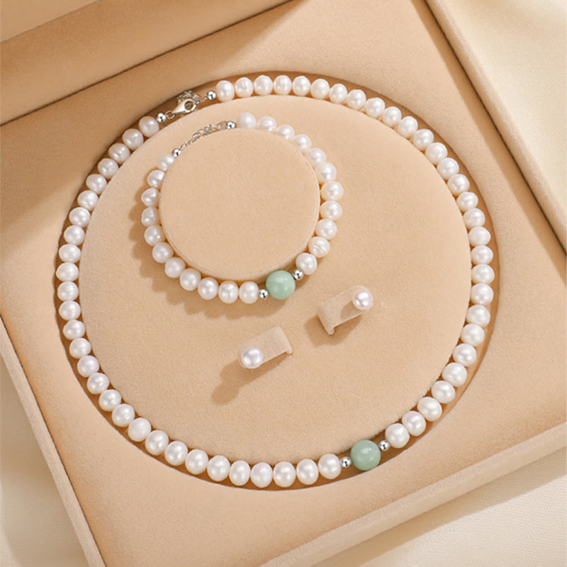 925 Sterling Silver Pearl Jewelry Set with Necklace Bracelet Earrings