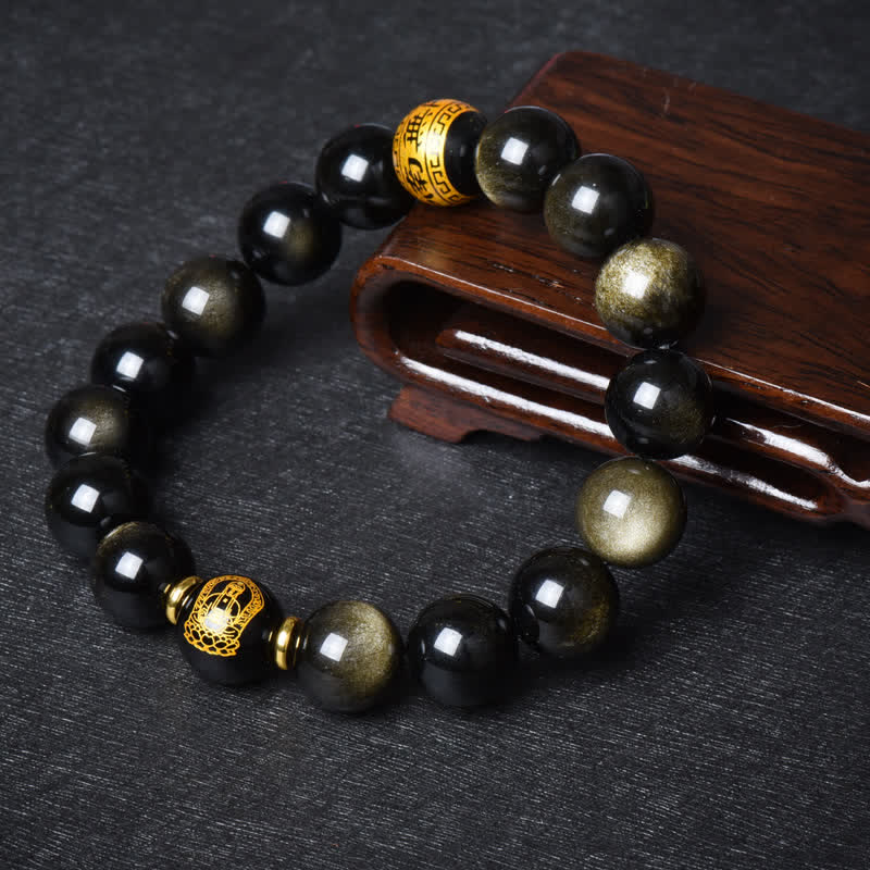 Bracelet de protection du zodiaque chinois en obsidienne dorée brillante 12 mm