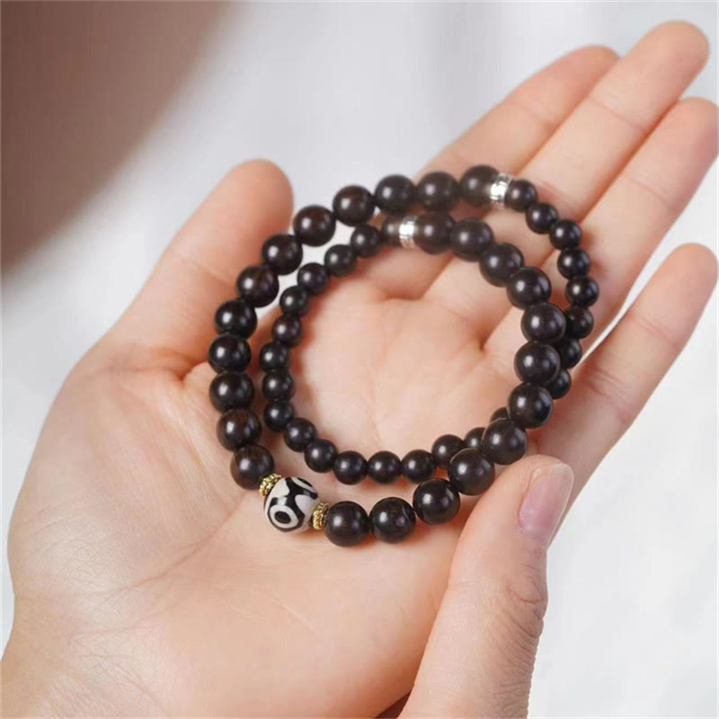 Ebony Wood Dzi Bead Double Wrap Bracelet for Balance