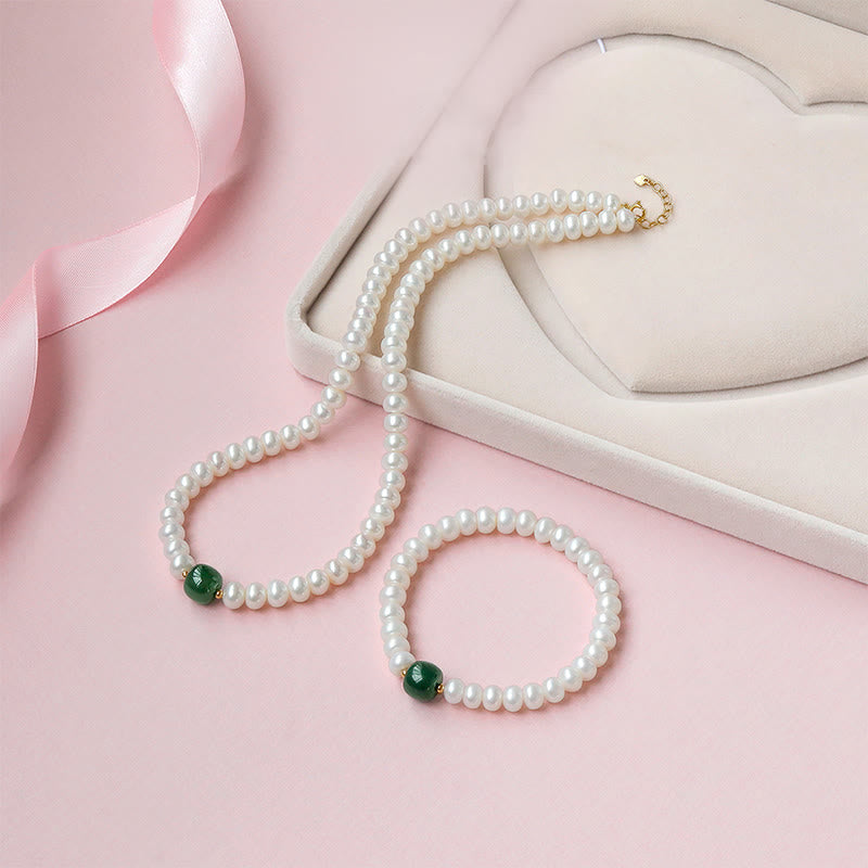 Pearl Hetian Jade & Aquamarine 42cm Necklace Bracelet