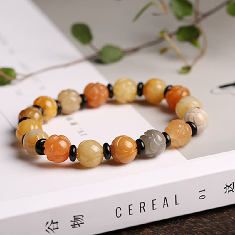 10mm Golden Silk Jade Lotus Wealth Luck Bracelet