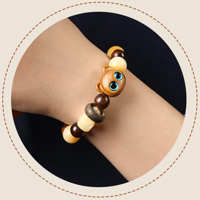 Bodhi Seed Sandalwood Cat Peace Bracelet 14-17cm Unisex