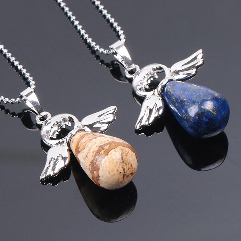 Natural Crystal Luck Necklace with Angel Wings Pendant