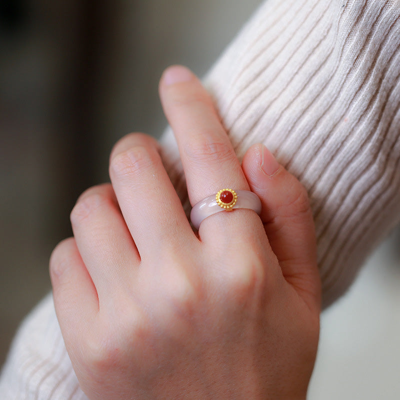 Cyan Jade & Red Agate Luck Protection Ring | Agate Rings