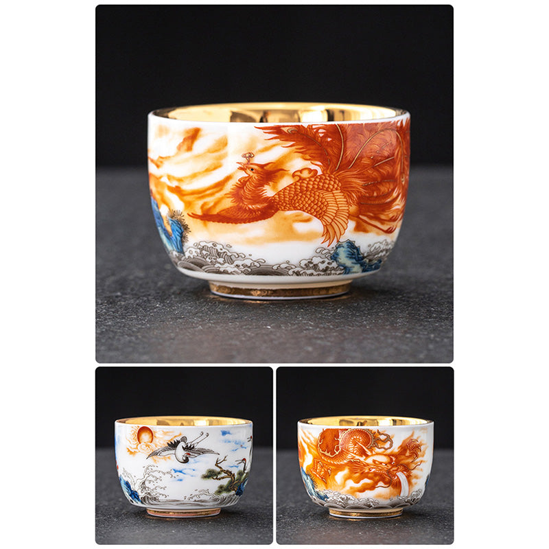 Gilt Ceramic Dragon Phoenix Crane Teacup 170ml Spiritual