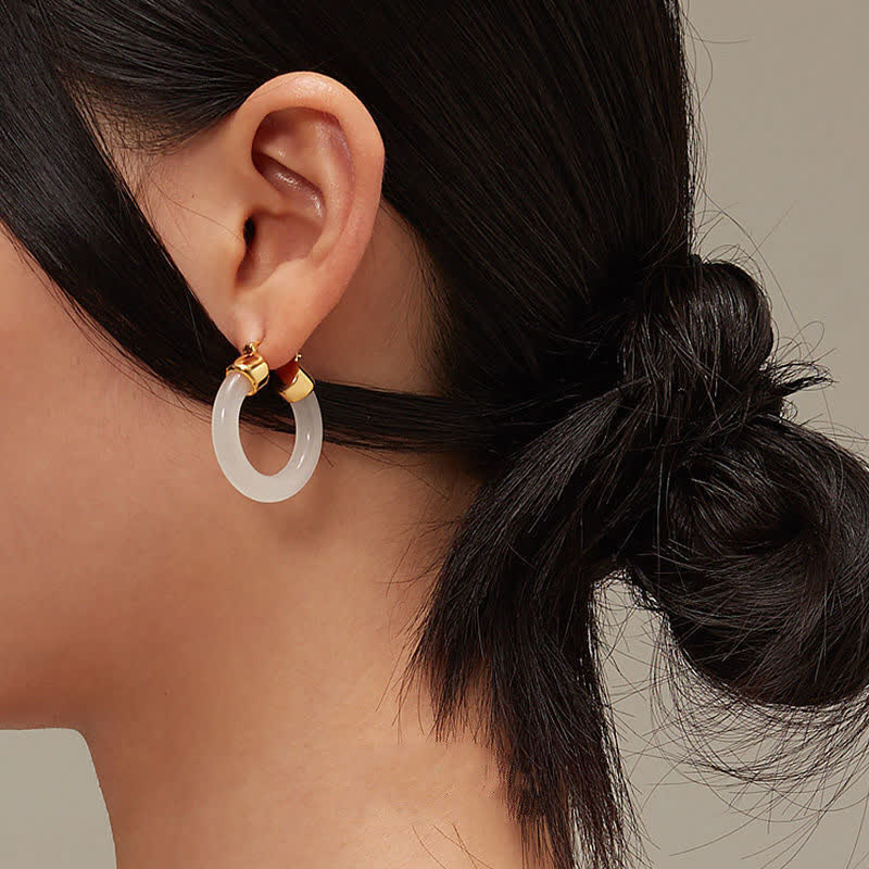 Round White Jade Prosperity Earrings with Silver and Gold Options
