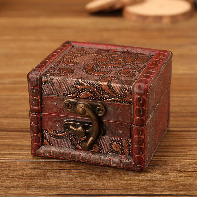 Retro Small Square Wood Jewelry Box with Lotus Design