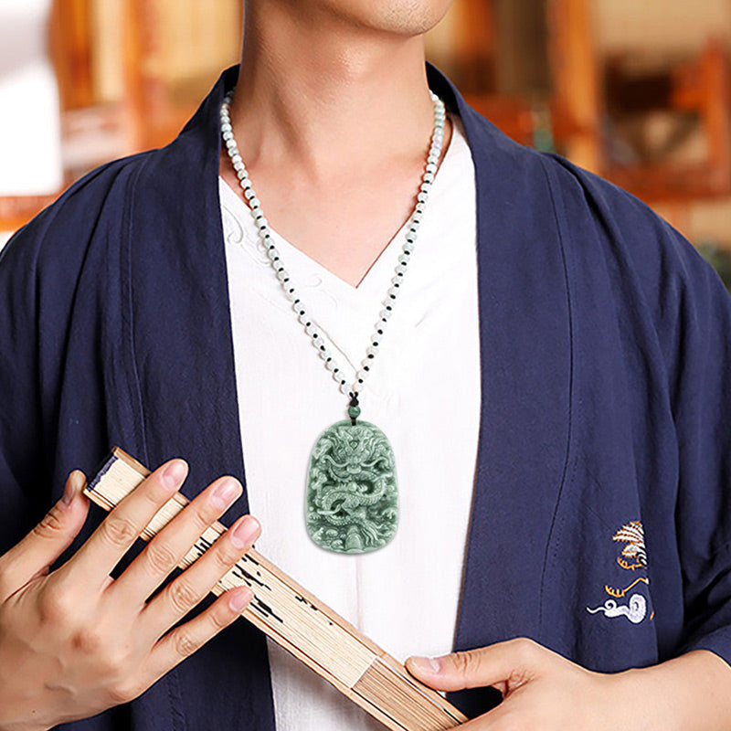 Handmade Jade Dragon Prosperity Necklace 6mm Beads