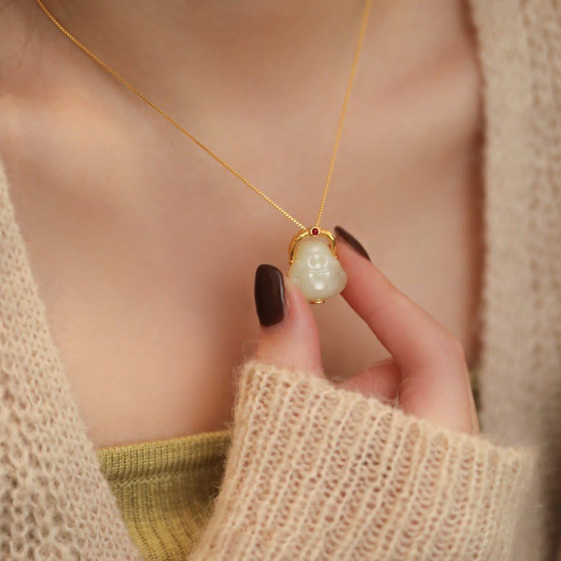 Collier Bouddha rieur en jade Hetian pour l'abondance, argent 925