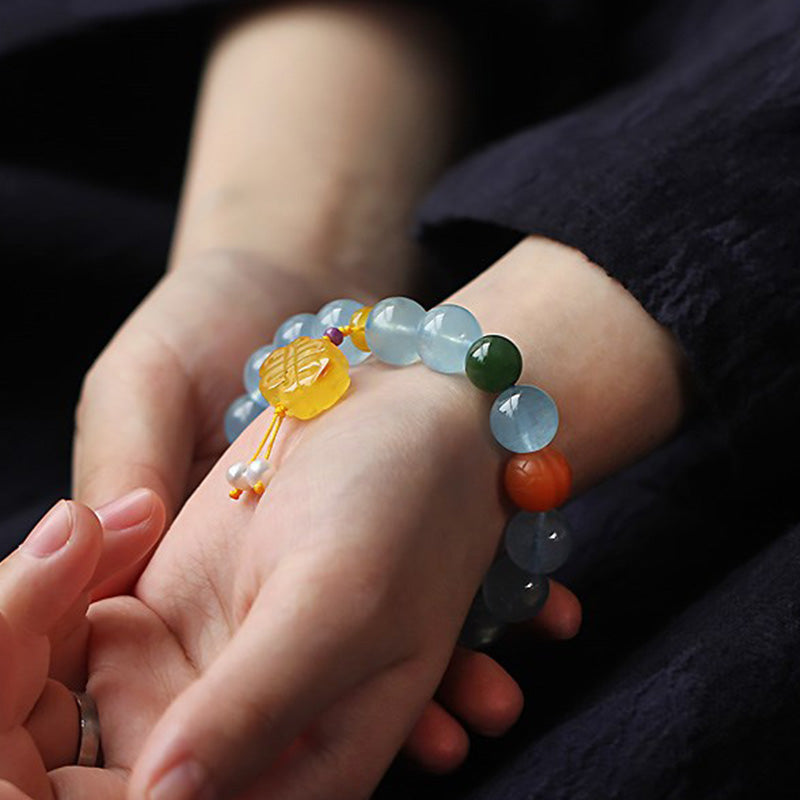 Aquamarine & Amber Peace Bracelet with Chinese Knot Charm