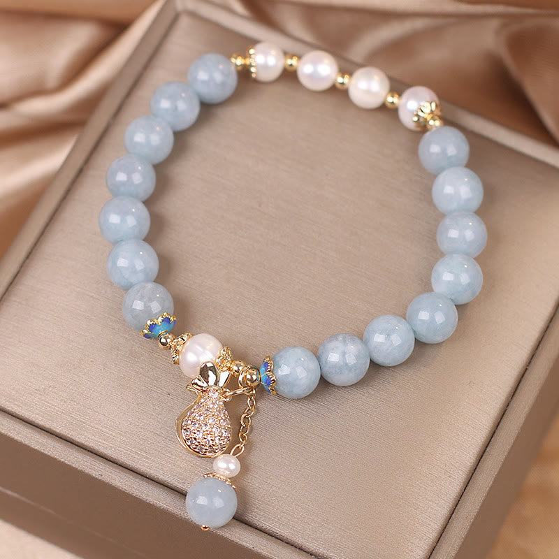 Aquamarine Pearl Fortune Money Bag Charm Bracelet
