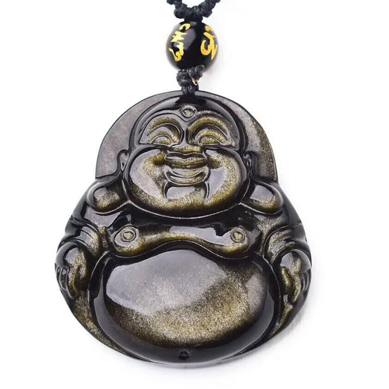 Gold Sheen Obsidian Laughing Buddha Wealth Necklace Pendant