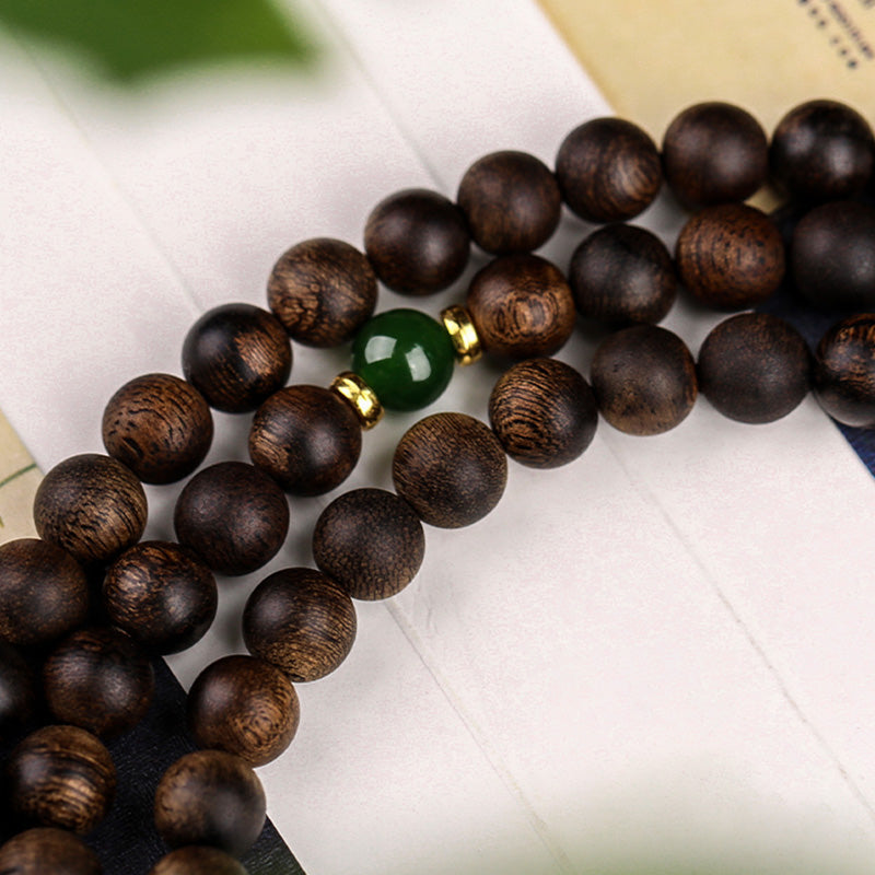 108 Beads Agarwood Cyan Jade Wood Mala Bracelet for Protection