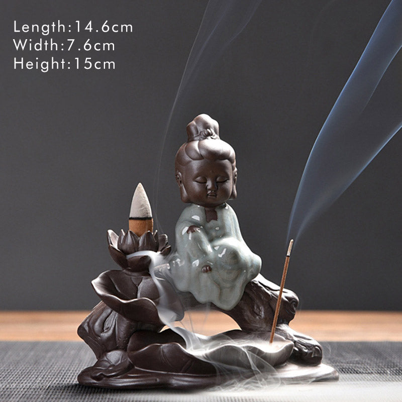 Ceramic Lotus Blessing Incense Burner with Little Monk