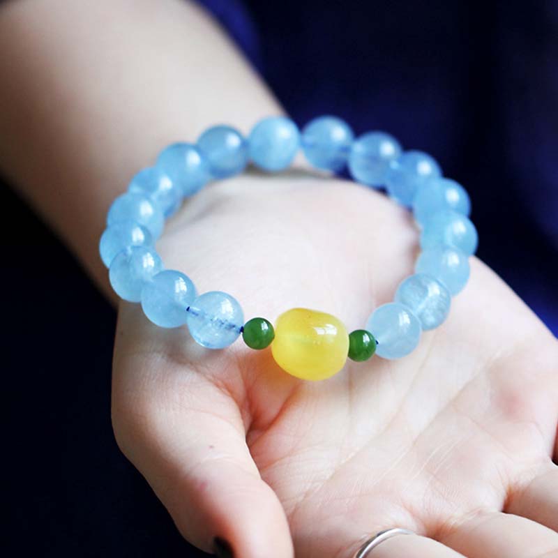 Natural Aquamarine Amber Serenity Healing Bracelet 8mm