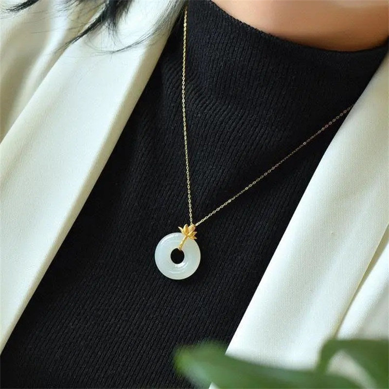 White Jade Lotus Harmony Necklace 40cm Pendant