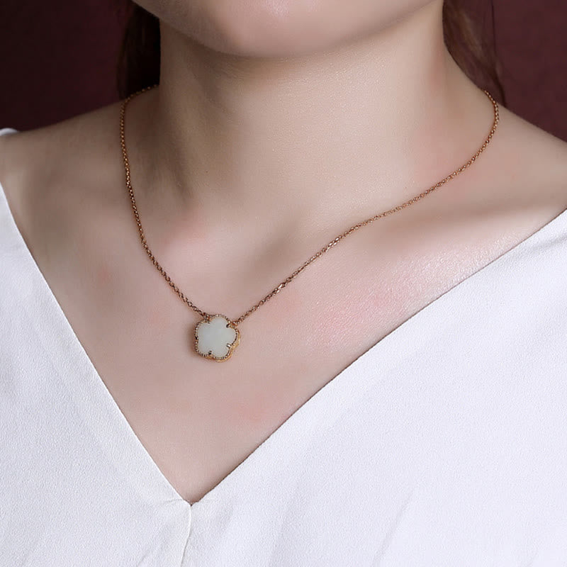 Hetian Jade Flower Necklace & Ring Set in Sterling Silver Gold Plated for Luck