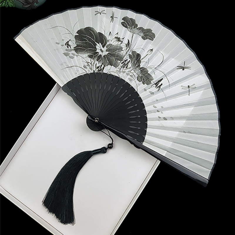 Vintage Bamboo Peony Butterfly Lotus Chinese Folding Silk Fan