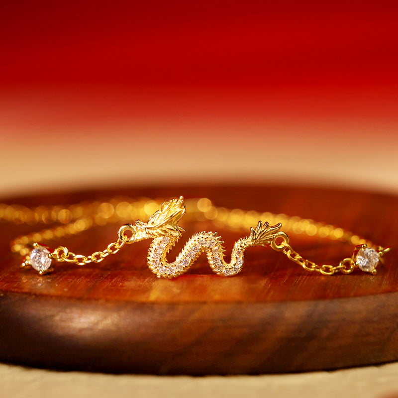 Unisex 925 Sterling Silver Dragon Bracelet with Red Rope & Gold Charm
