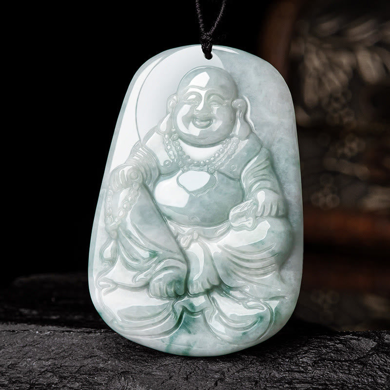 Collier pendentif porte-bonheur Bouddha rieur en jade naturel 65 cm