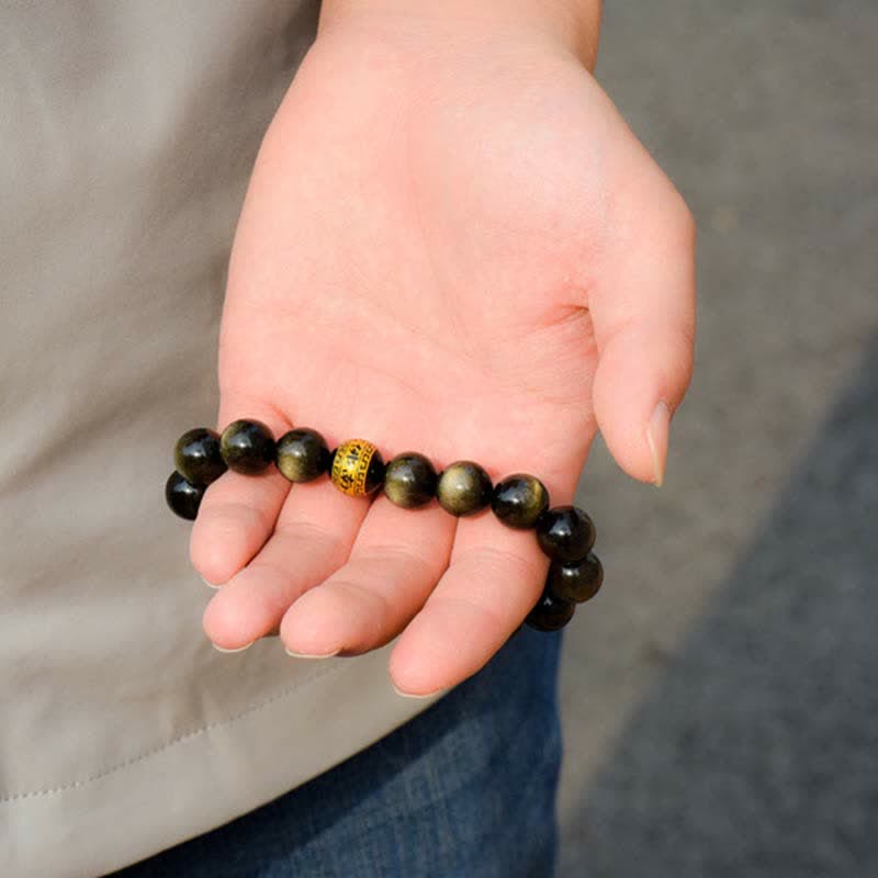 Bracelet de protection du zodiaque chinois en obsidienne dorée brillante 12 mm