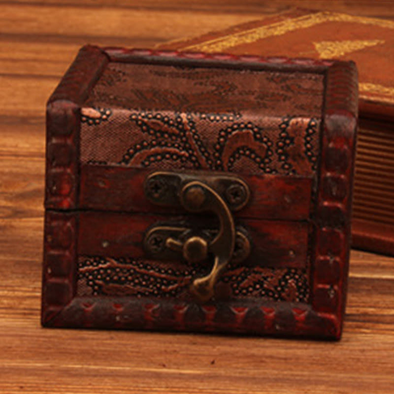Retro Small Square Wood Jewelry Box with Lotus Design