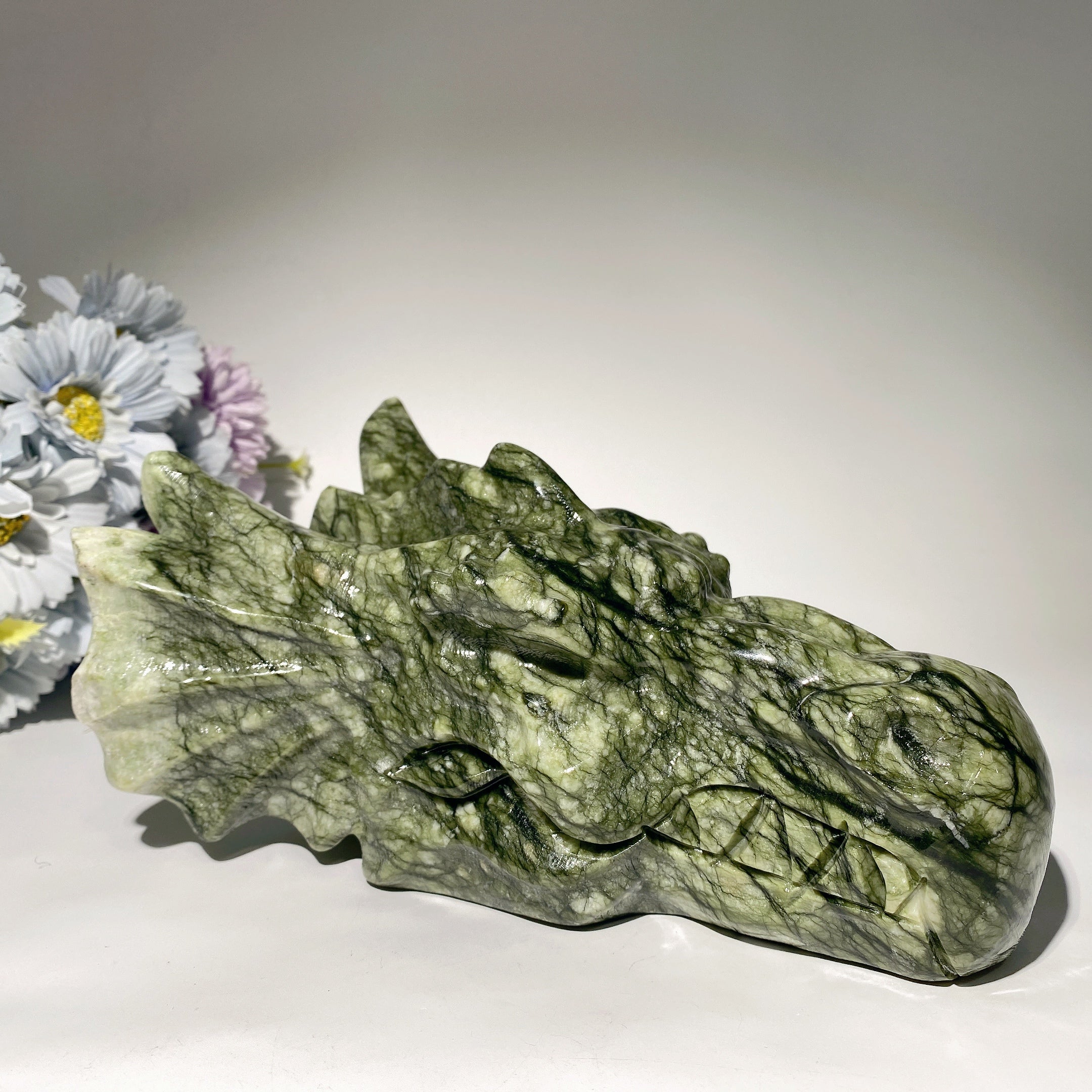 8.5" Jade Dragon Head Carving - Feng Shui Serpentine Statue