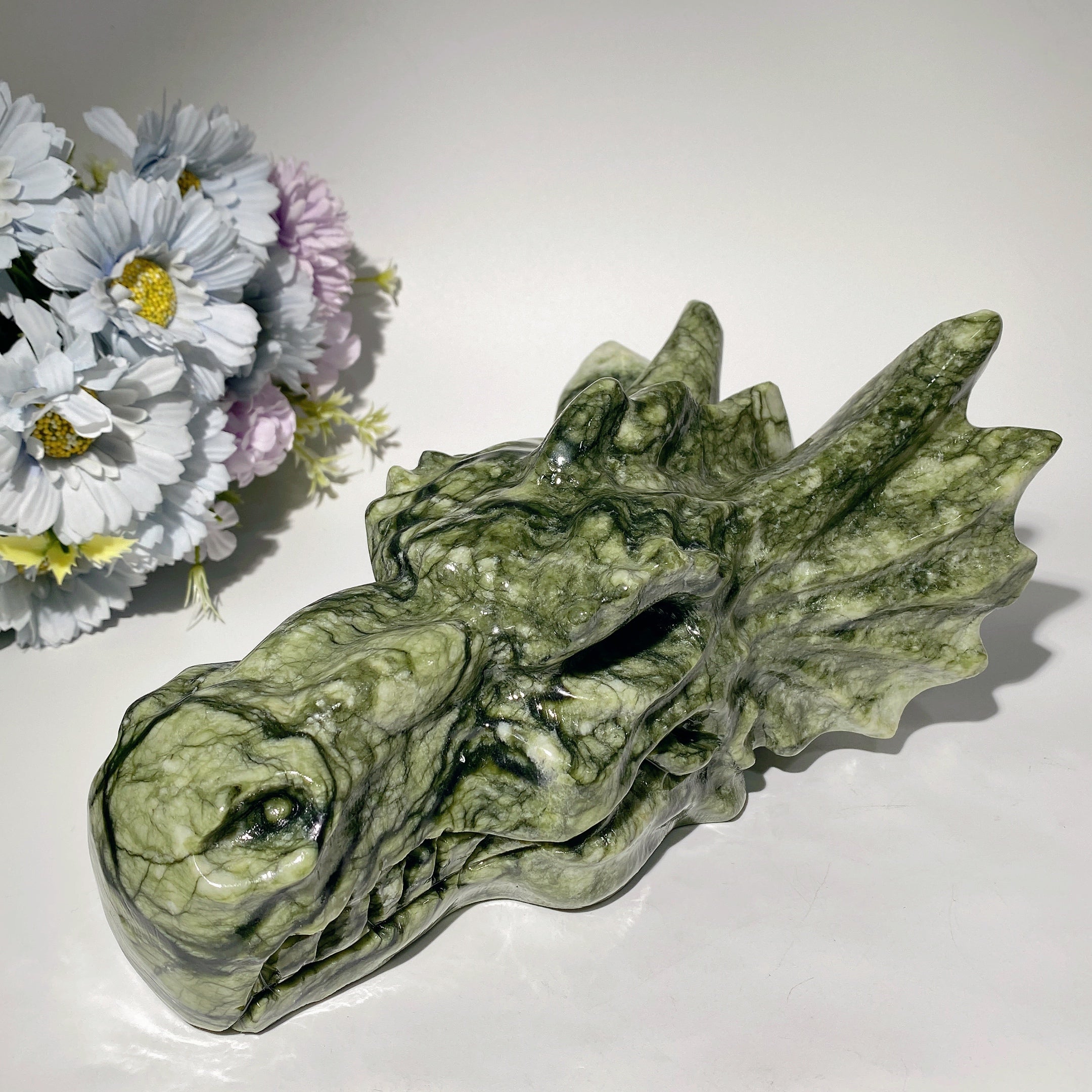 8.5" Jade Dragon Head Carving - Feng Shui Serpentine Statue
