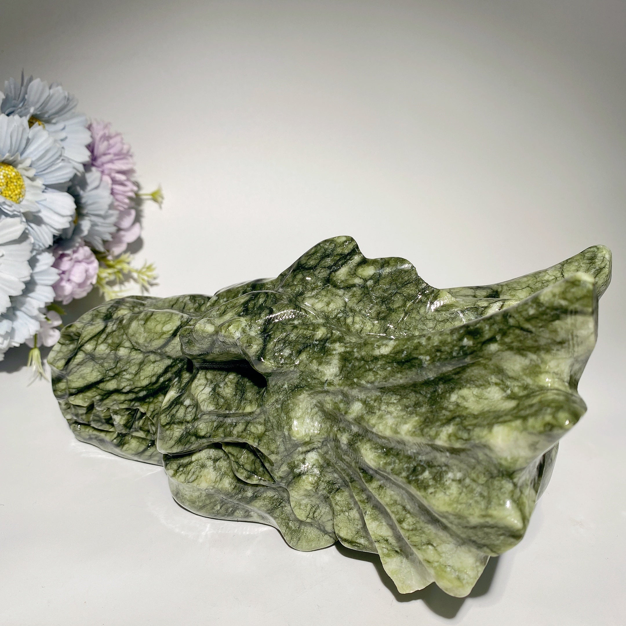8.5" Jade Dragon Head Carving - Feng Shui Serpentine Statue