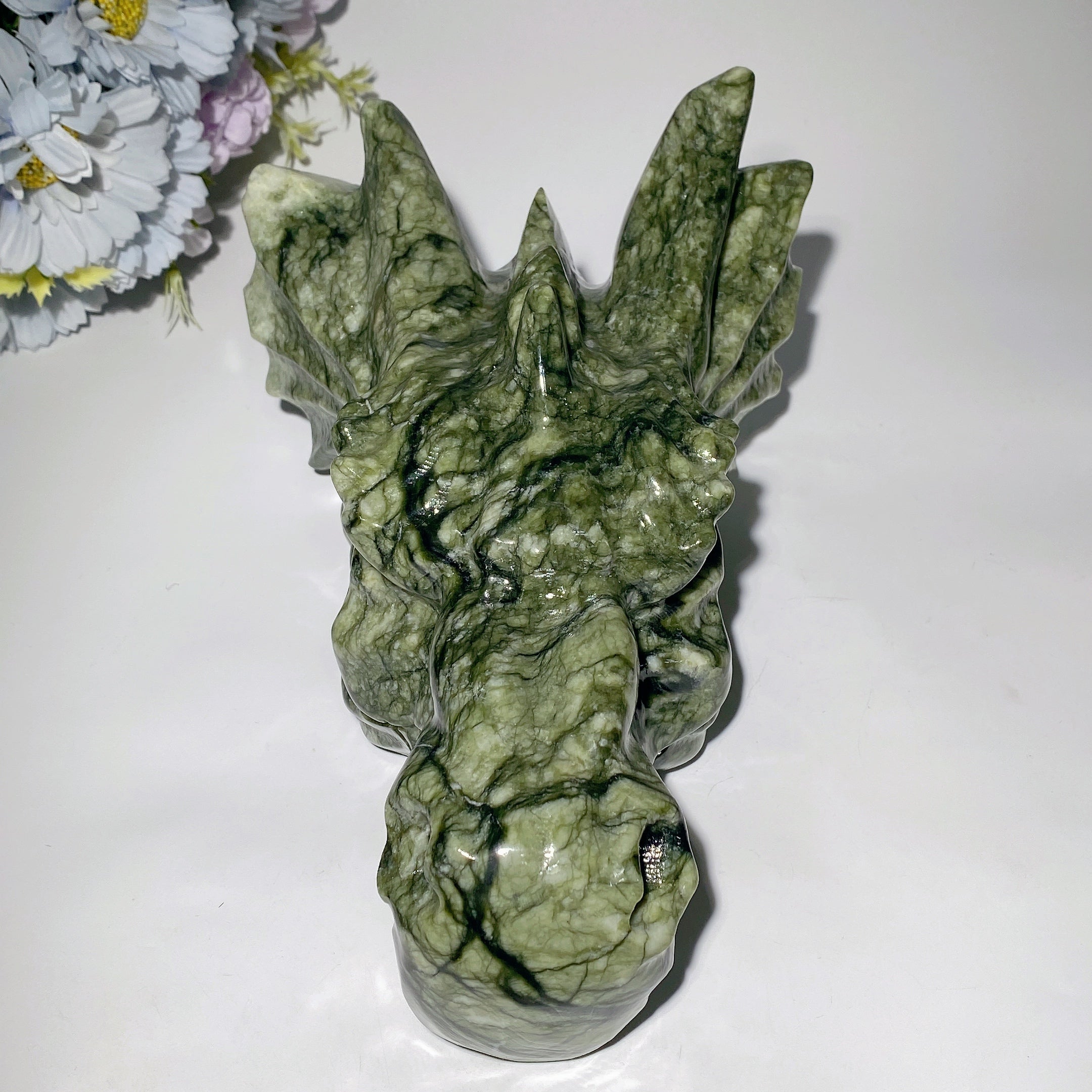 8.5" Jade Dragon Head Carving - Feng Shui Serpentine Statue
