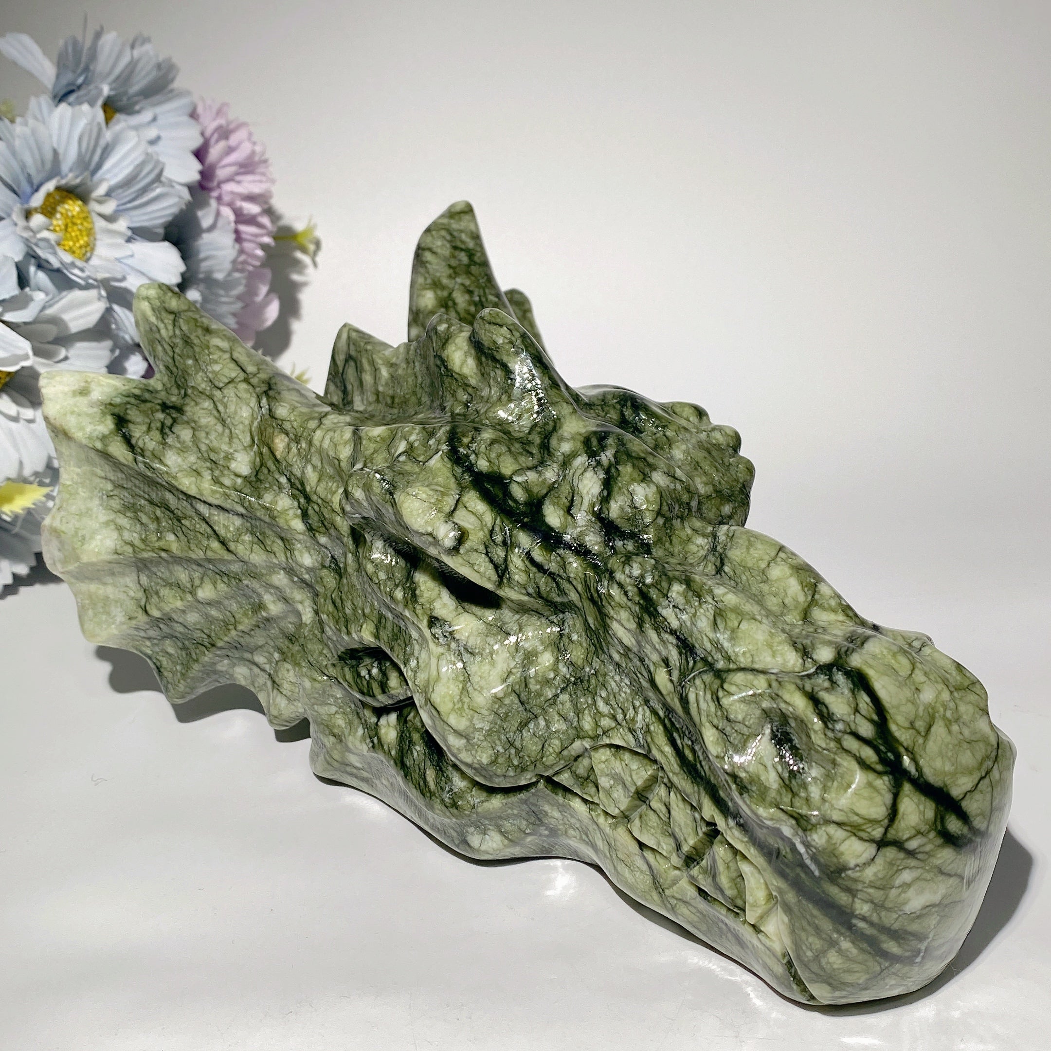 8.5" Jade Dragon Head Carving - Feng Shui Serpentine Statue