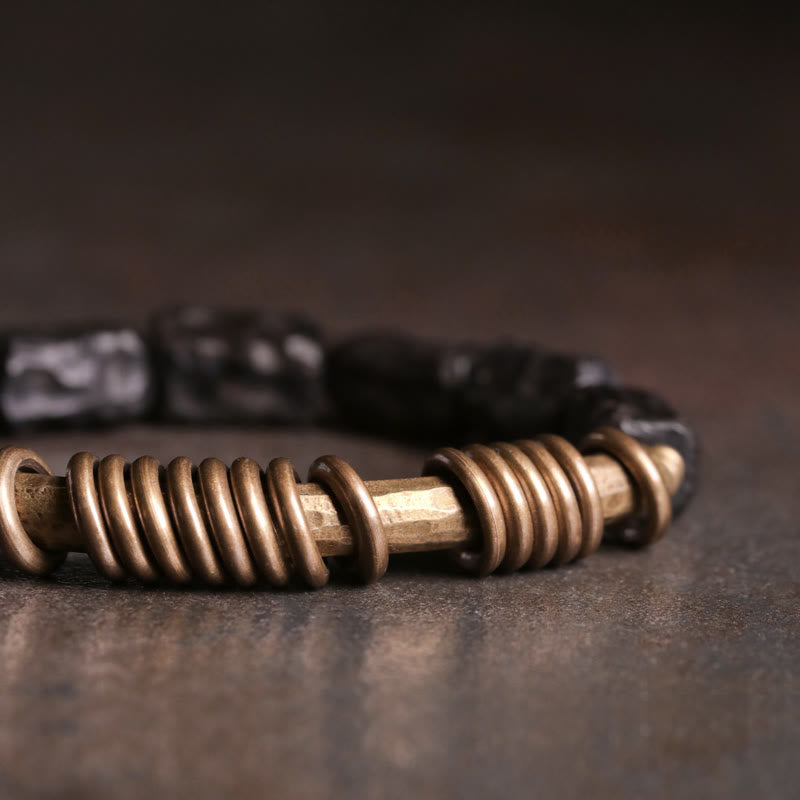 Bracelet Peace en bois d'ébène de 8,5 mm avec anneaux en cuivre 14-17,5 cm