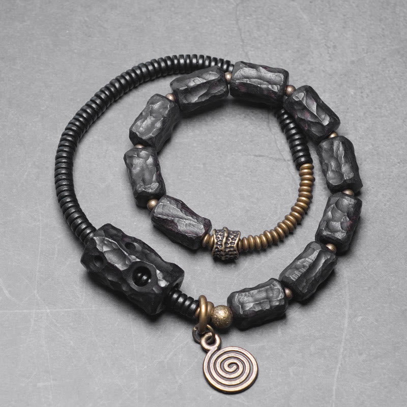 Bracelet double tour en bois d'ébène et agate rouge Peace de 8,5 mm