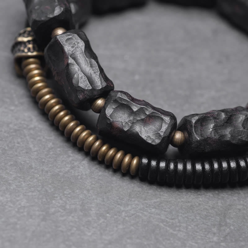 Bracelet double tour en bois d'ébène et agate rouge Peace de 8,5 mm