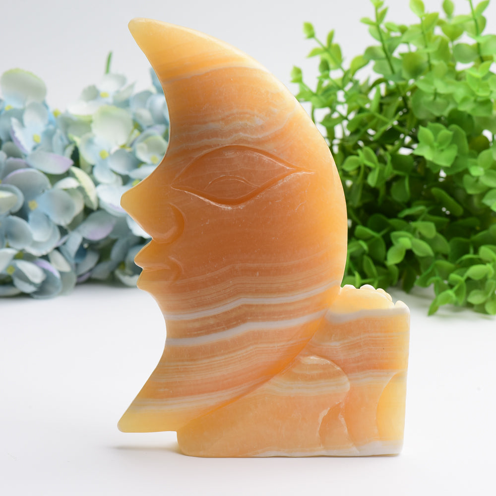 8 Inch Orange Calcite Moon Face Crystal Figurine Carving