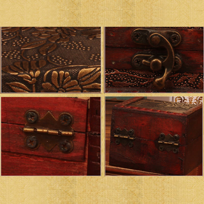 Retro Small Square Wood Jewelry Box with Lotus Design