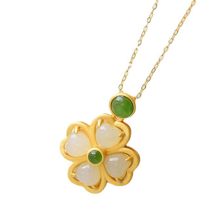 925 Sterling Silver Lucky Four Leaf Clover Jade Necklace | Prosperity & Luck
