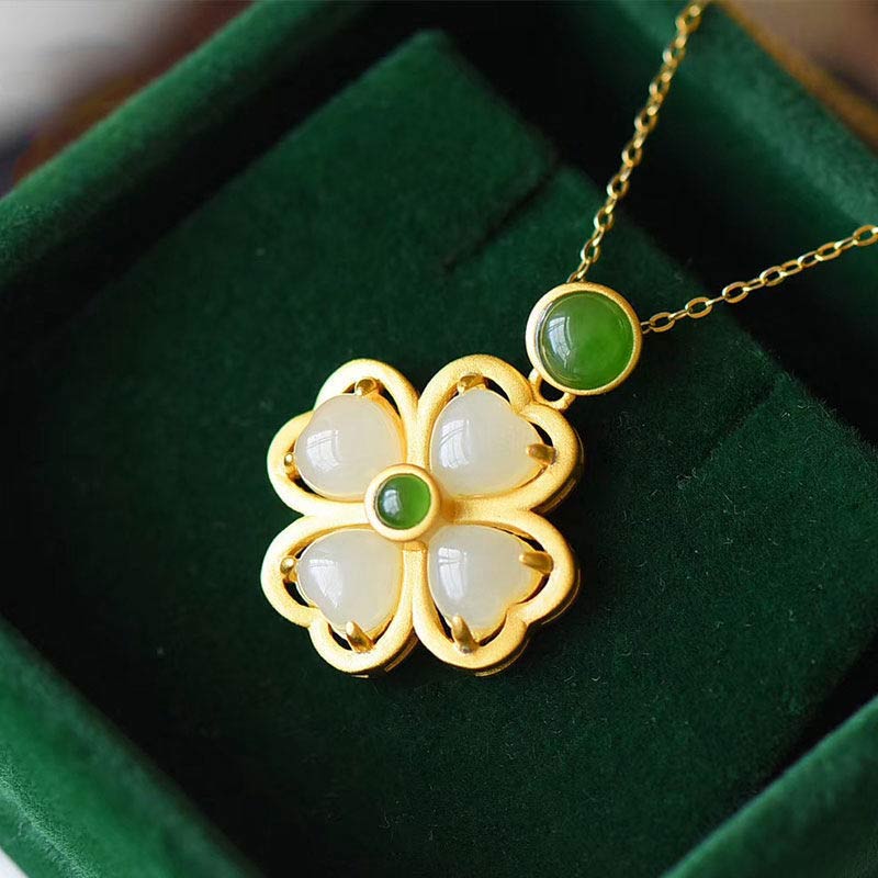 925 Sterling Silver Lucky Four Leaf Clover Jade Necklace | Prosperity & Luck