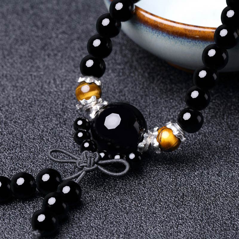 6mm Black Obsidian & Tiger Eye Mala Bracelet for Protection