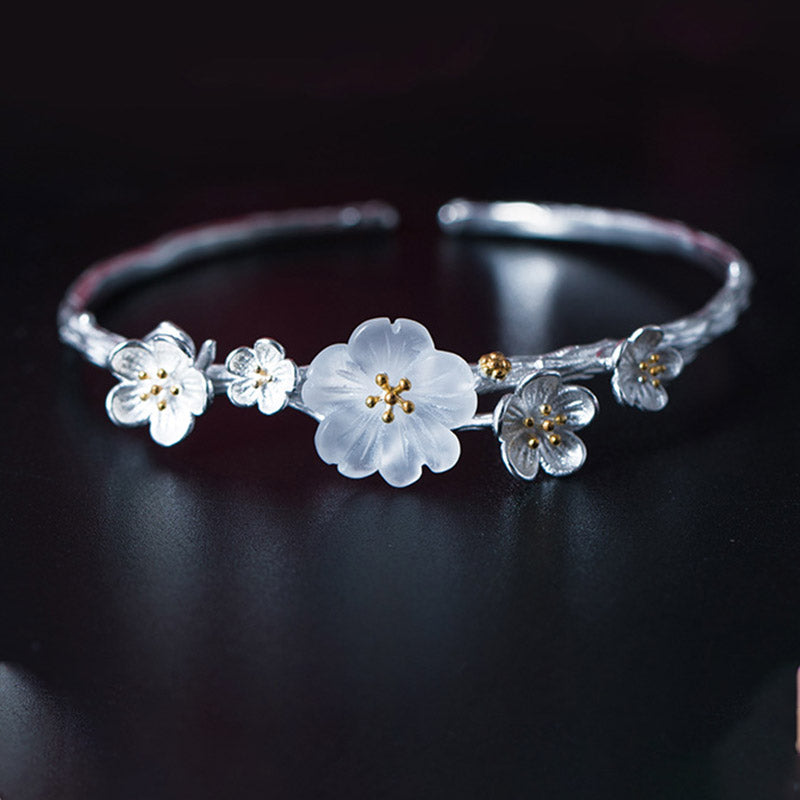Sterling Silver Plum Flower Blessing Adjustable Spiritual Bracelet