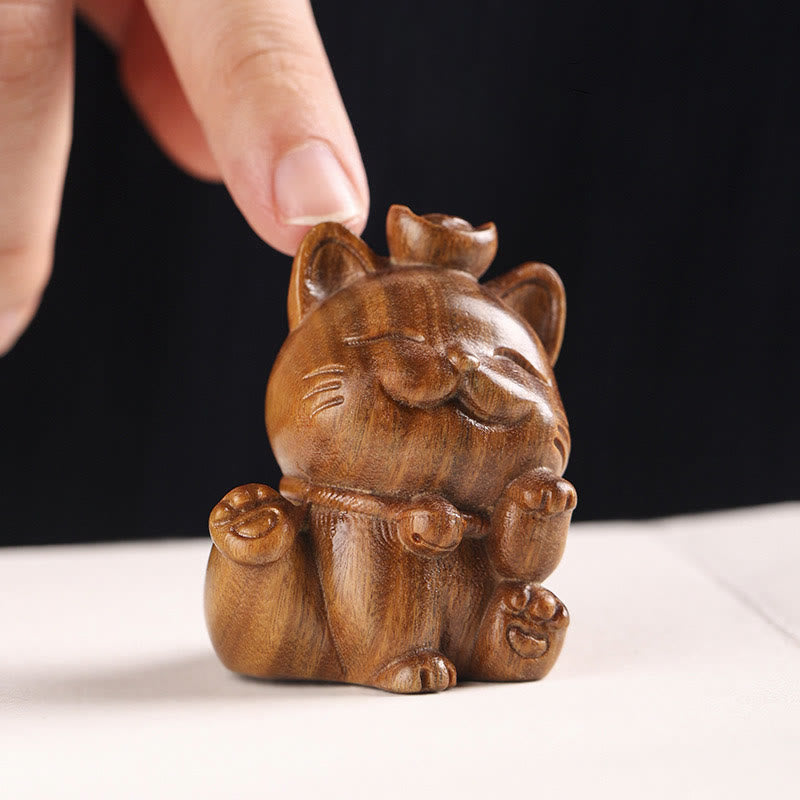 5cm Green Sandalwood Lucky Cat Statue for Peace & Prosperity