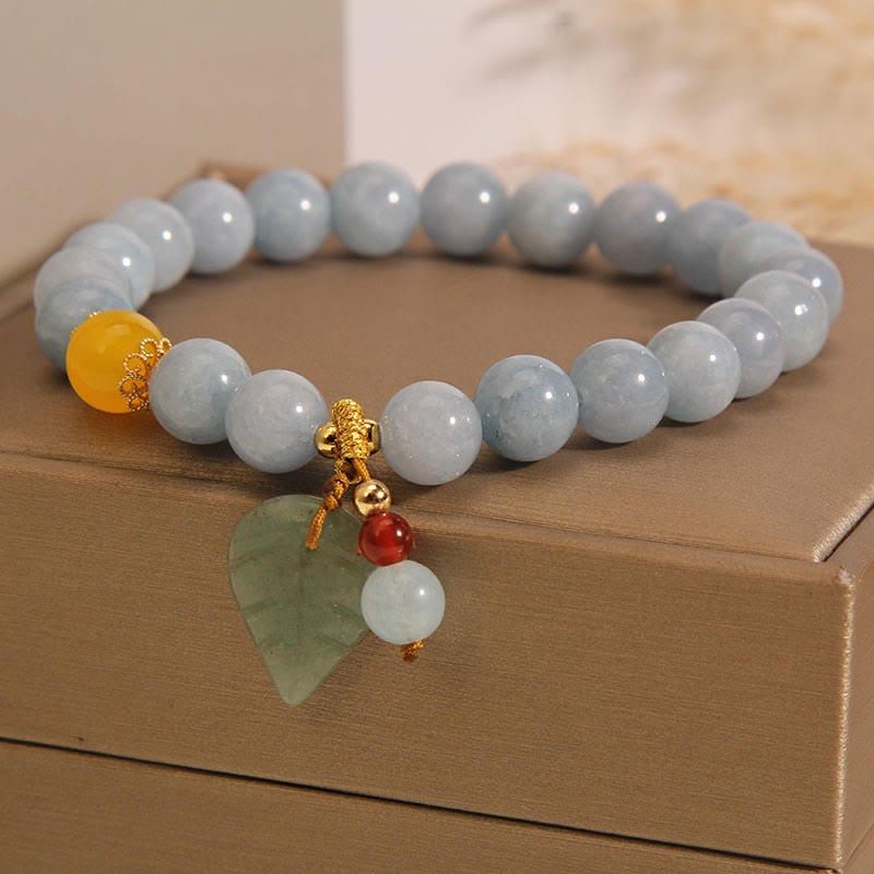 8mm Aquamarine Jade Leaf Healing Charm Bracelet