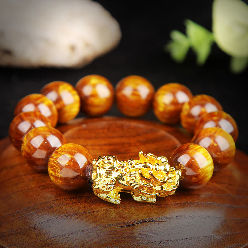 10mm Golden Tiger Eye Pixiu Bracelet for Wealth