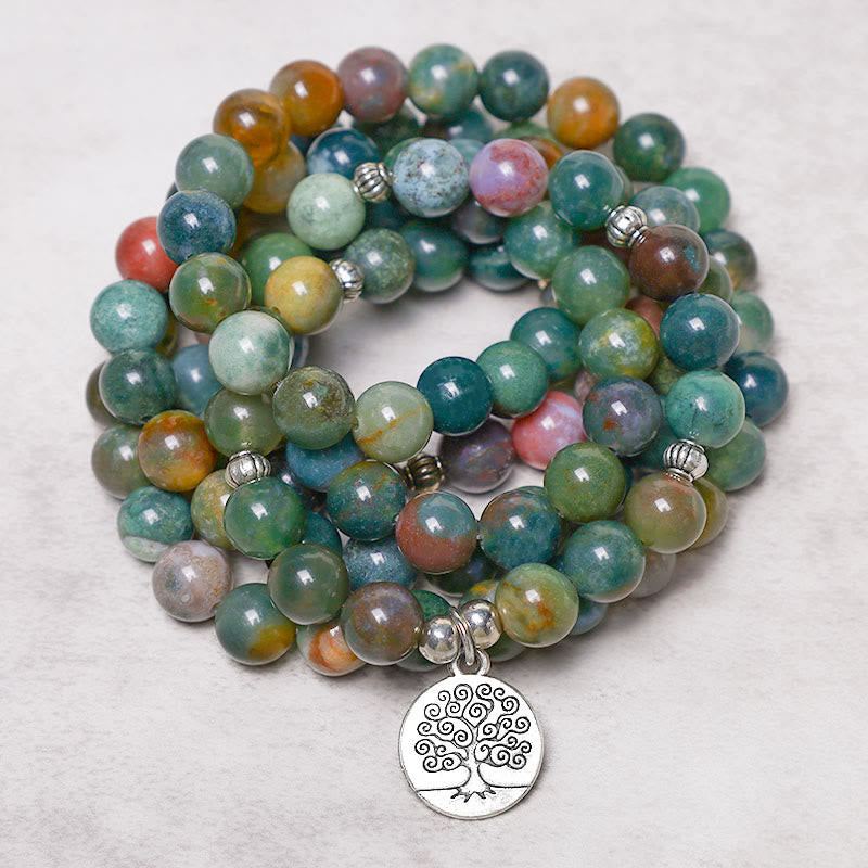 108 Bead Mala Bracelet Indian Agate with Spiritual Symbols