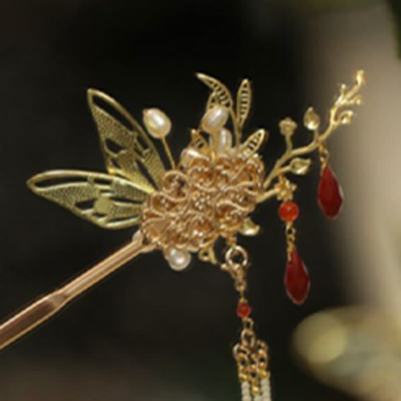 Red Flower Butterfly Pearl Tassel Hair Clip Comb Crown, Spiritual Jewelry